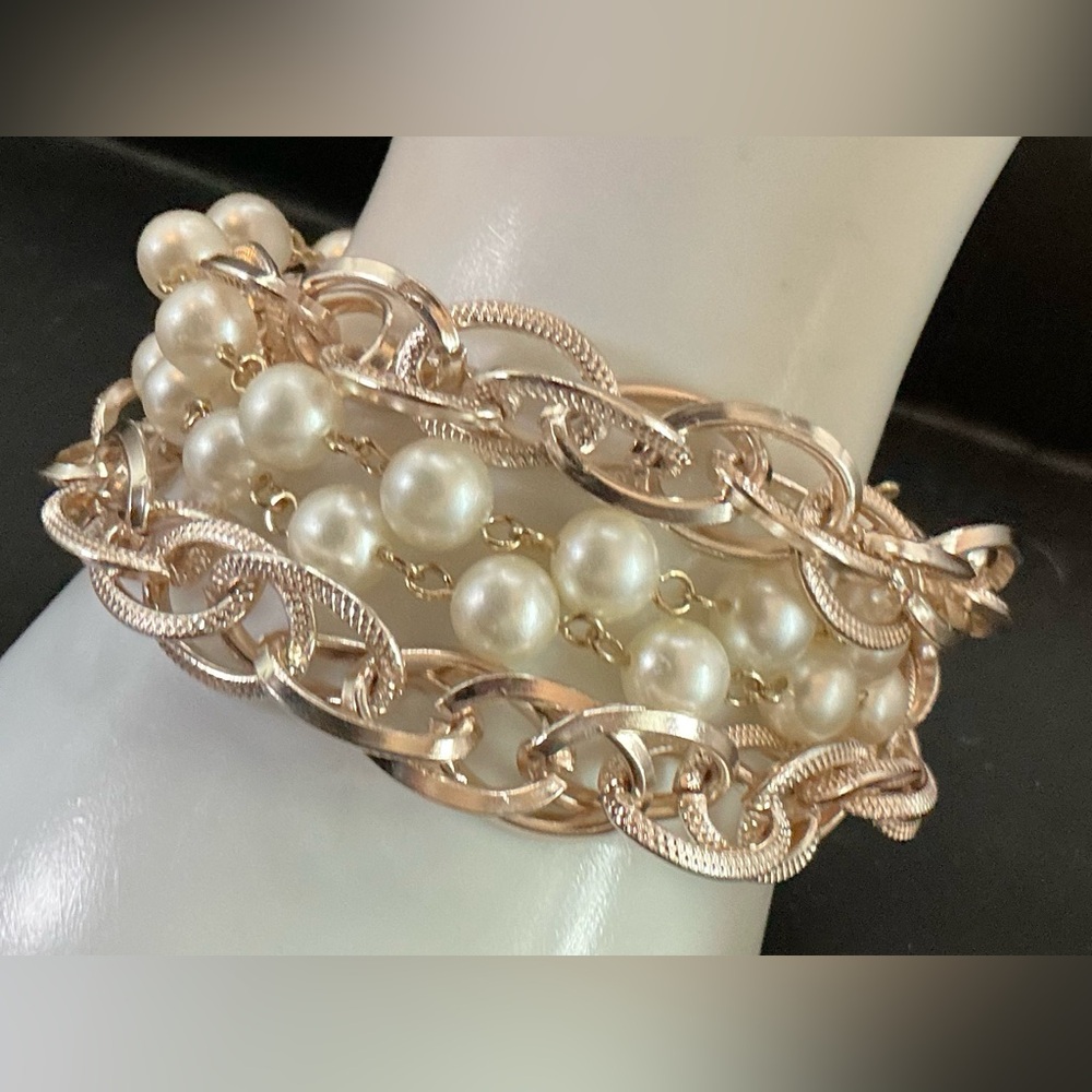 TARA FAUX PEARL ROSE GOLD CHAIN MULTI LAYER CLASP BRACELET